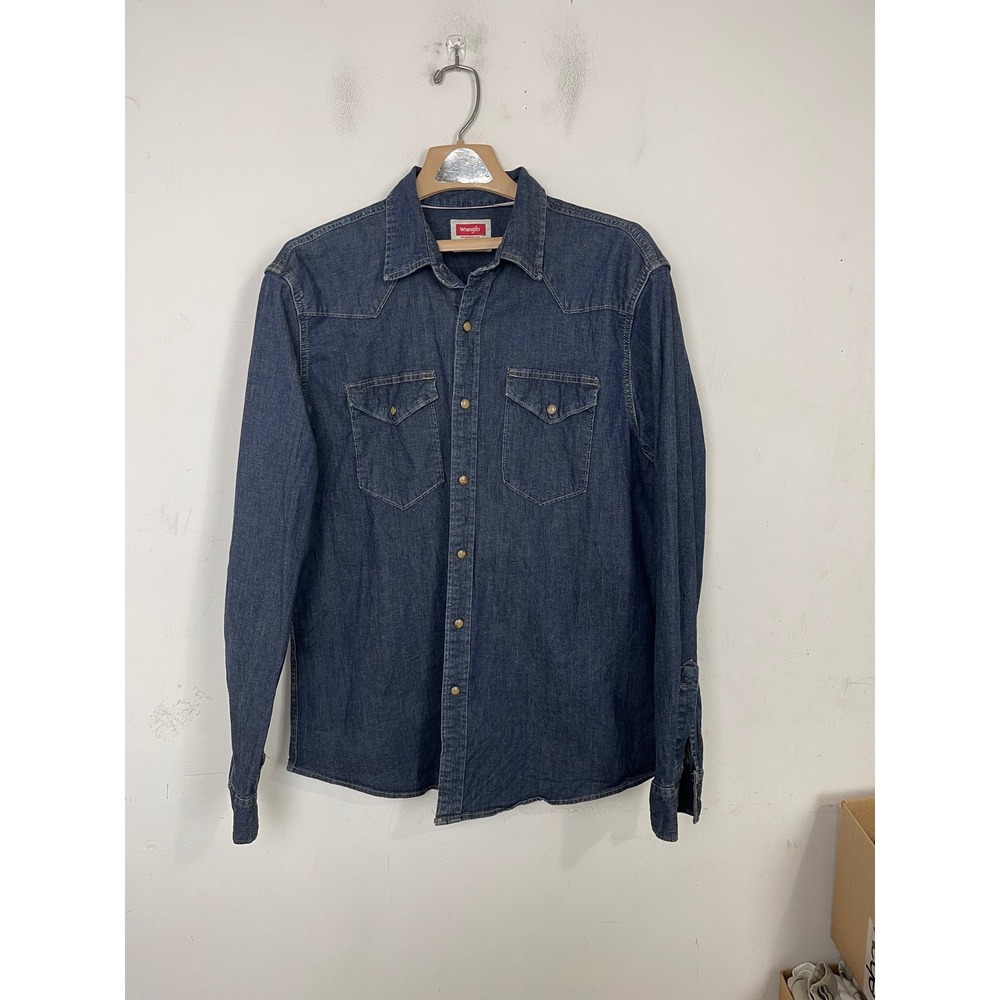 Wrangler Mens Denim Western Snap Shirt Indigo Blue Long Sleeve JSD4AWB Large